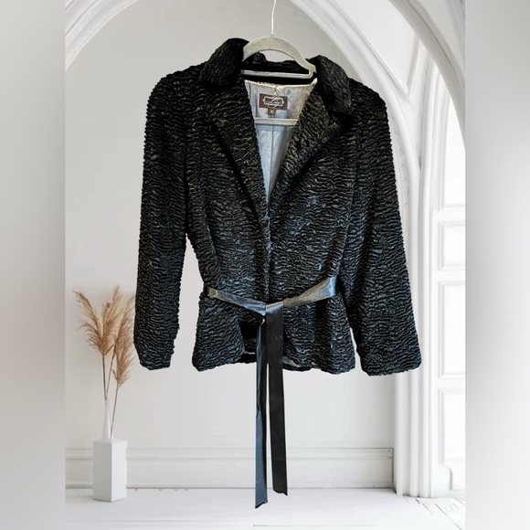 WENDY HIL LUCY’S Black Rivet Faux‎ Fur Jacket USA Ribbon Tie 6 - Picture 10 of 10